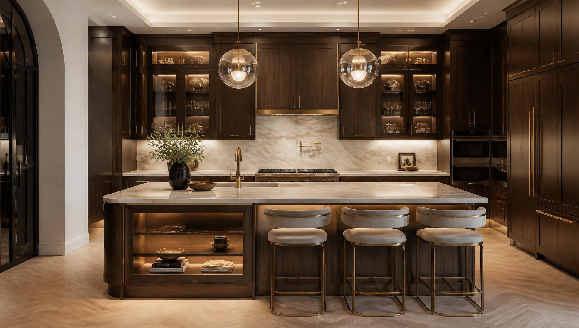 Luxurious custom kitchen with dark wood and gold-accented cabinetry