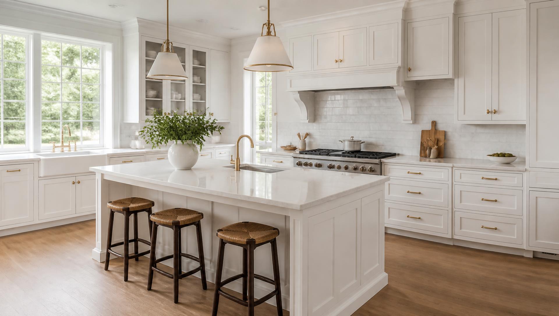 Bright classic white custom kitchen with shaker cabinets and brass hardware